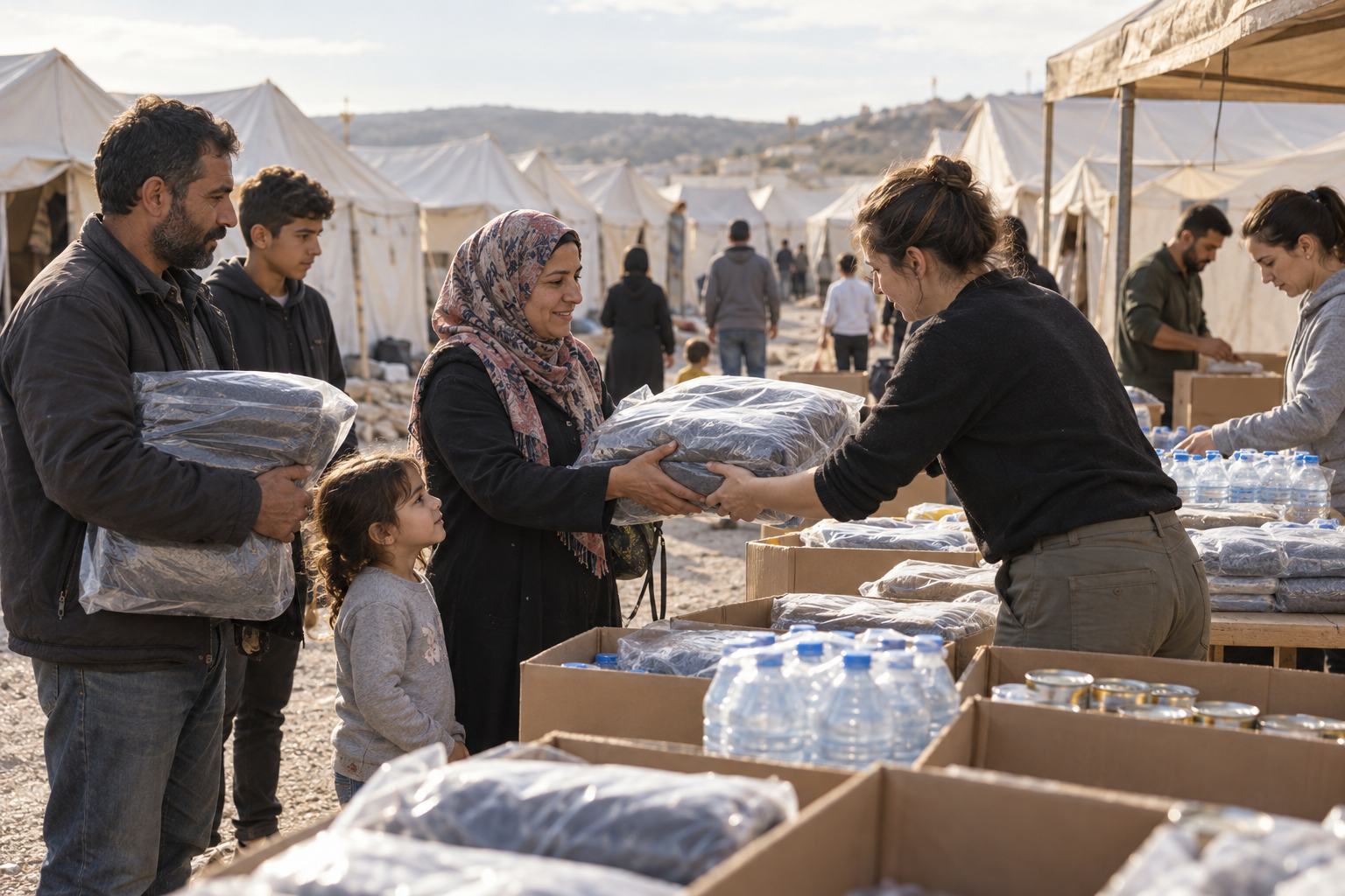 Illustrative scene of civilian humanitarian workers distributing relief supplies to families among unmarked tents in a refugee camp.